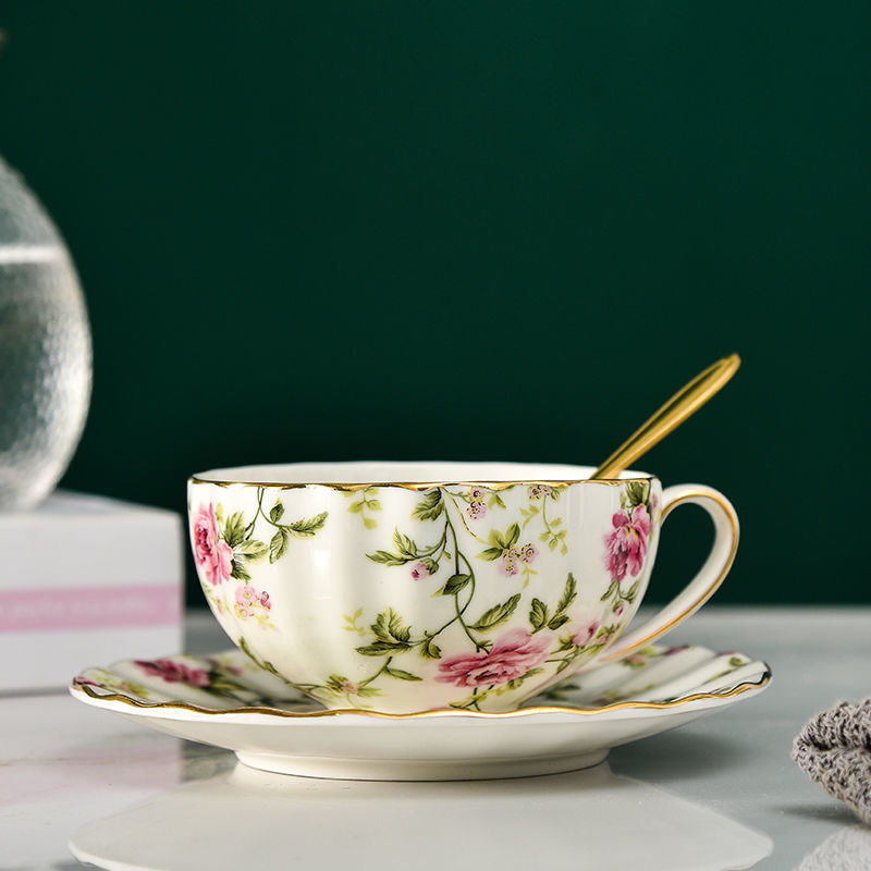 Bone China Coffee Cup Saucer Spoon Set Flower