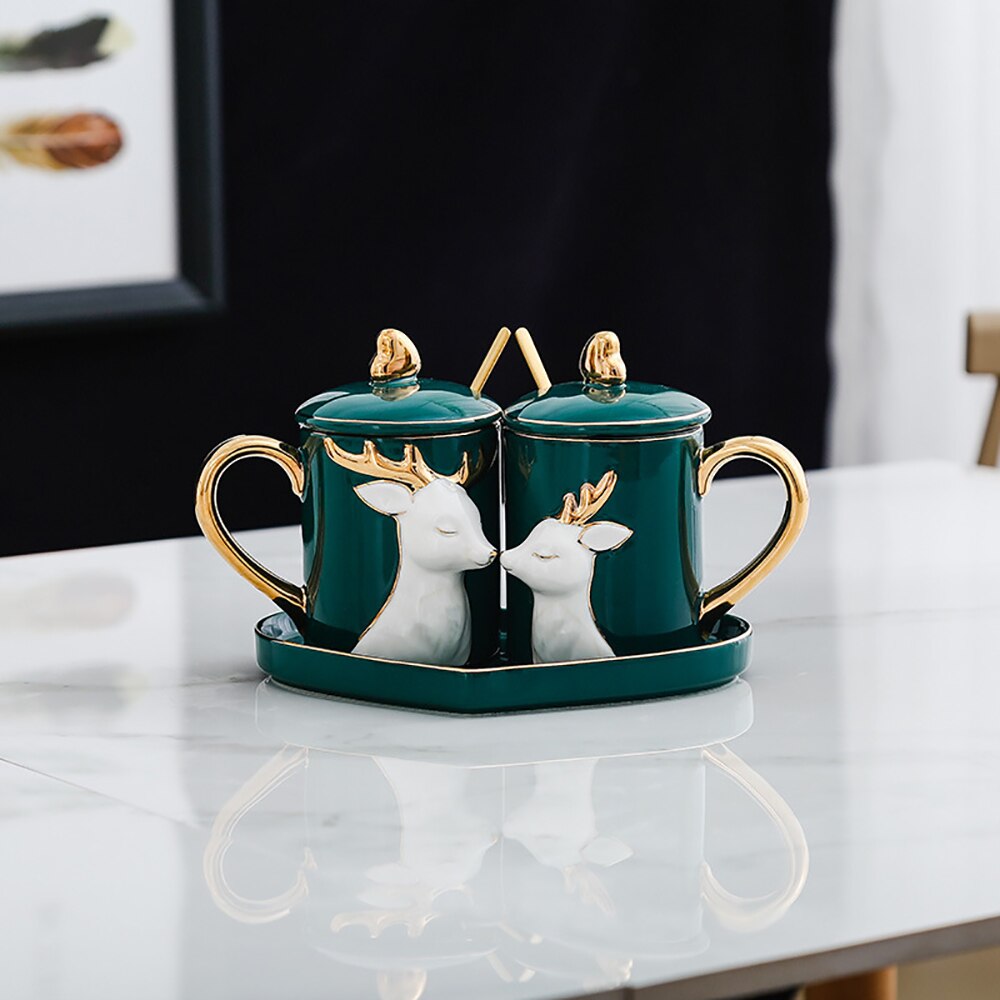 Nordic Couple Mug Solid Color Gold Drawing with Spoon Tray