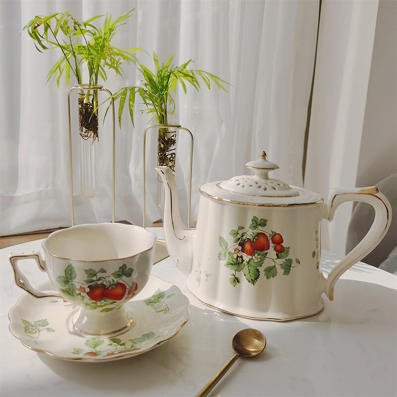 Ceramic Teapot Retro Flowers with Cup and Saucer