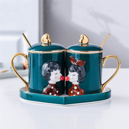 Nordic Ceramic Couple Coffee Mug with Lid and Spoon 350ML