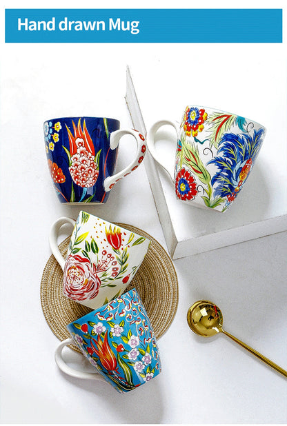 Hand-painted Ceramic Cups 550ml Large Capacity Flower Pattern