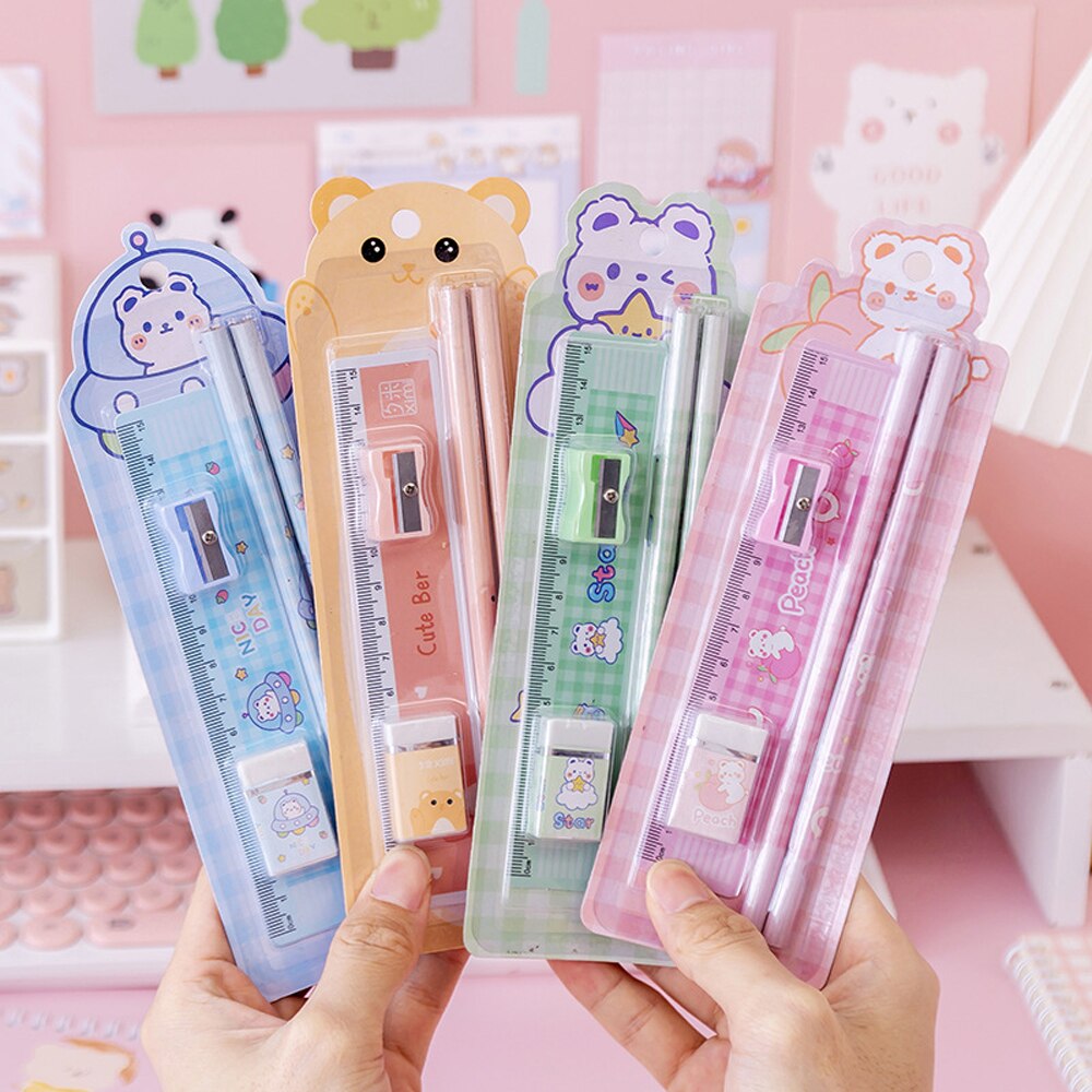 16 Pcs Set of Cute Bear Pencils with Eraser Ruler Sharpener