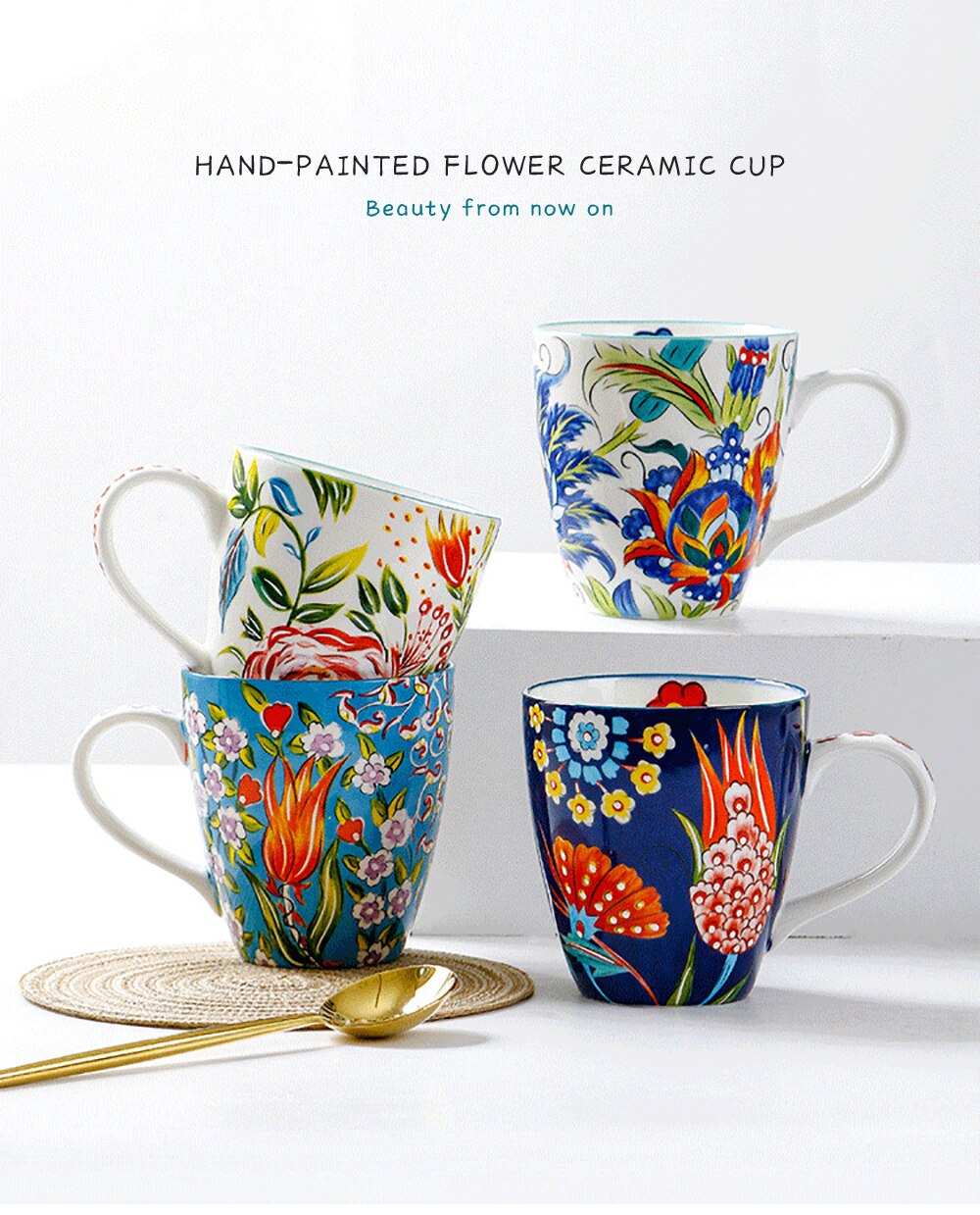 Hand-painted Ceramic Cups 550ml Large Capacity Flower Pattern