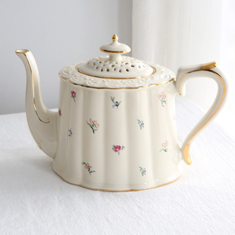 Ceramic Teapot Retro Flowers with Cup and Saucer