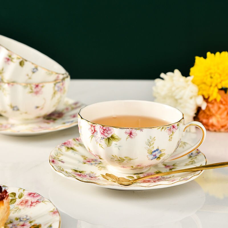 5 Colors Bone China Coffee Cup Saucer Spoon One Set Flower Tea Cup Set