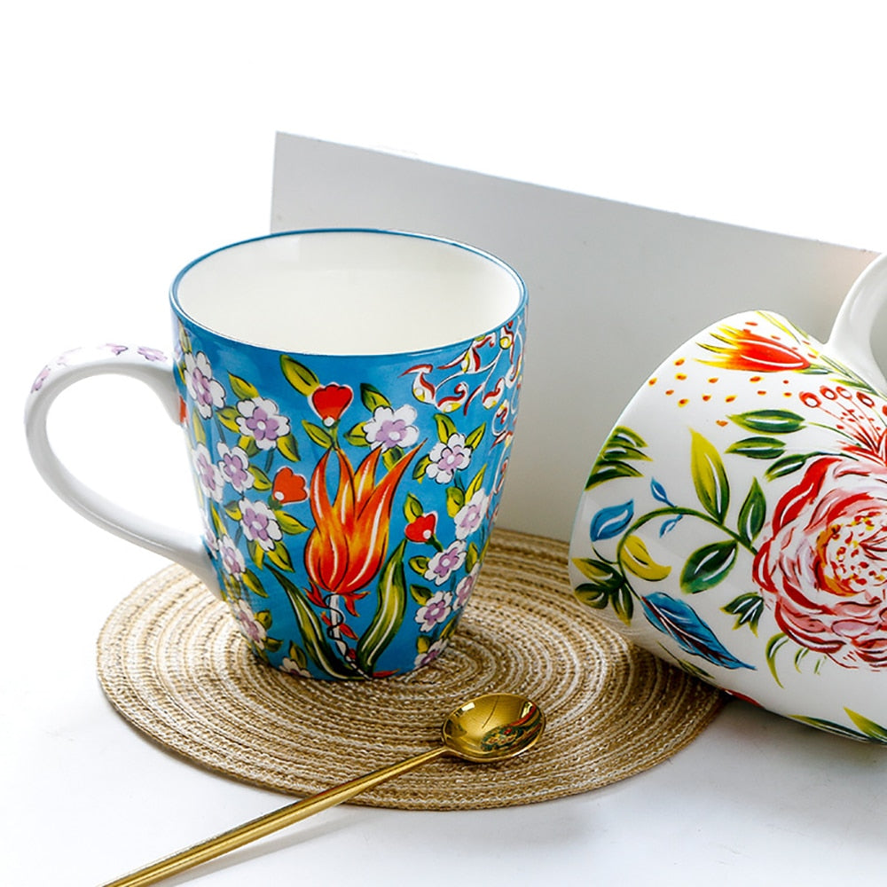 Hand-painted Ceramic Cups 550ml Large Capacity Flower Pattern