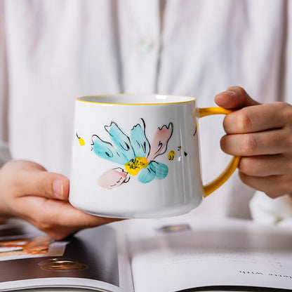 Cute Hand-Painted Ceramic Breakfast Cup 320ml Cartoon Flowers