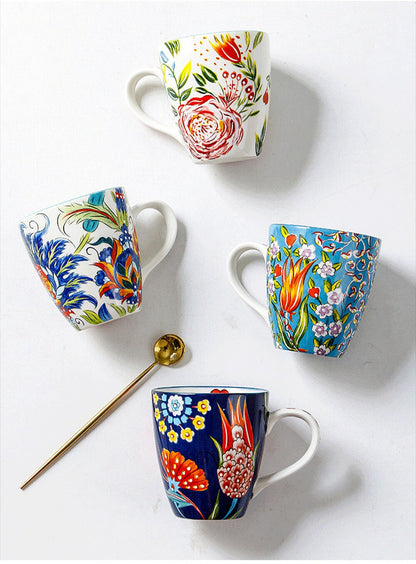 Hand-painted Ceramic Cups 550ml Large Capacity Flower Pattern