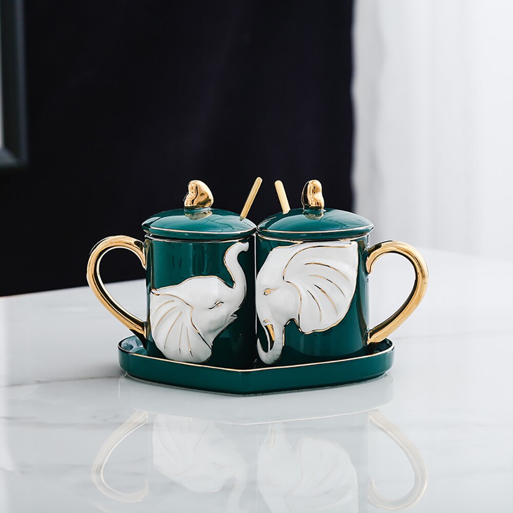 Nordic Couple Mug Solid Color Gold Drawing with Spoon Tray