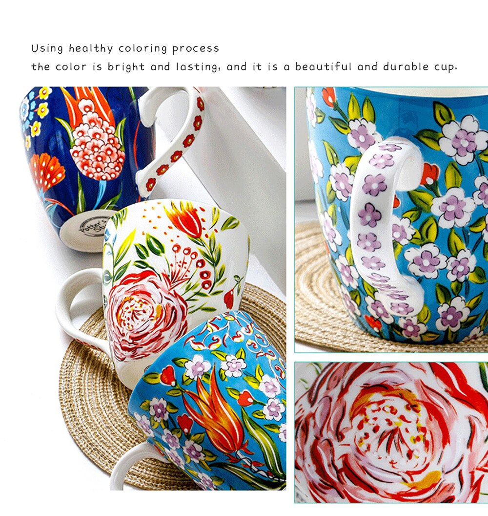 Hand-painted Ceramic Cups 550ml Large Capacity Flower Pattern