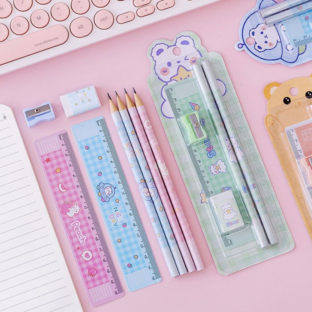 16 Pcs Set of Cute Bear Pencils with Eraser Ruler Sharpener