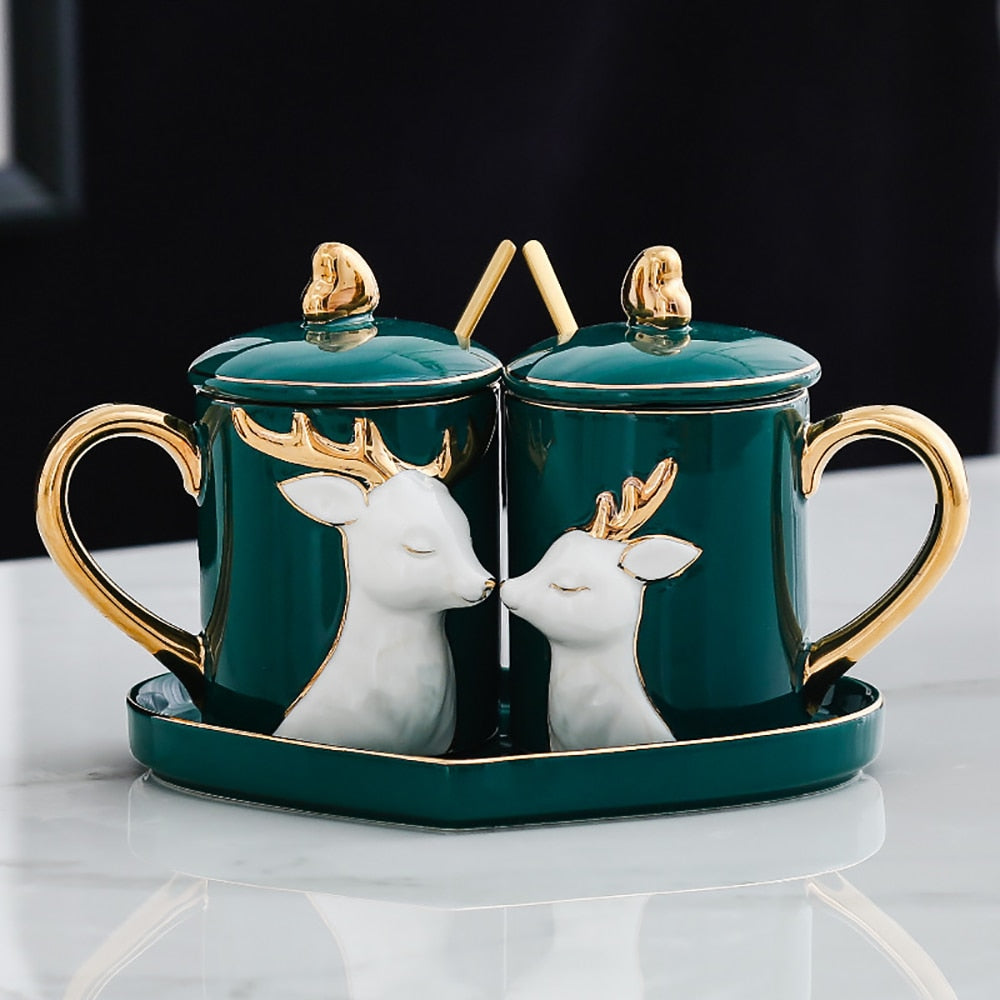 Nordic Couple Mug Solid Color Gold Drawing with Spoon Tray