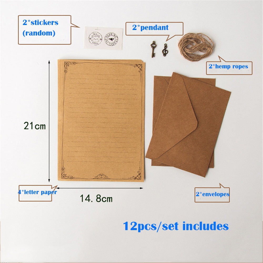 12Pcs Set Vintage Kraft Envelope Letter Pad Set with Pendant