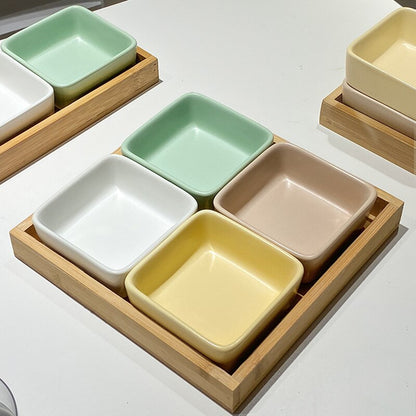 Ceramic Snack Plate with Bamboo Wood Tray