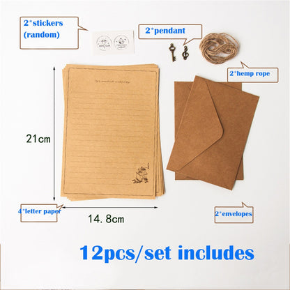 12Pcs Set Vintage Kraft Envelope Letter Pad Set with Pendant