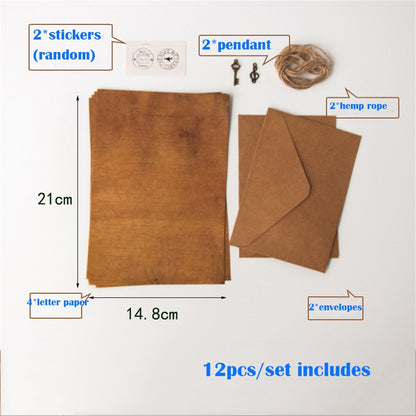 12Pcs Set Vintage Kraft Envelope Letter Pad Set with Pendant