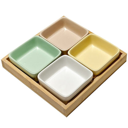 Ceramic Snack Plate with Bamboo Wood Tray