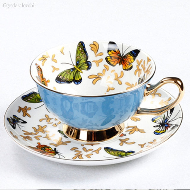 Porcelain Cups and Saucers with Butterflies or Floral Patterns