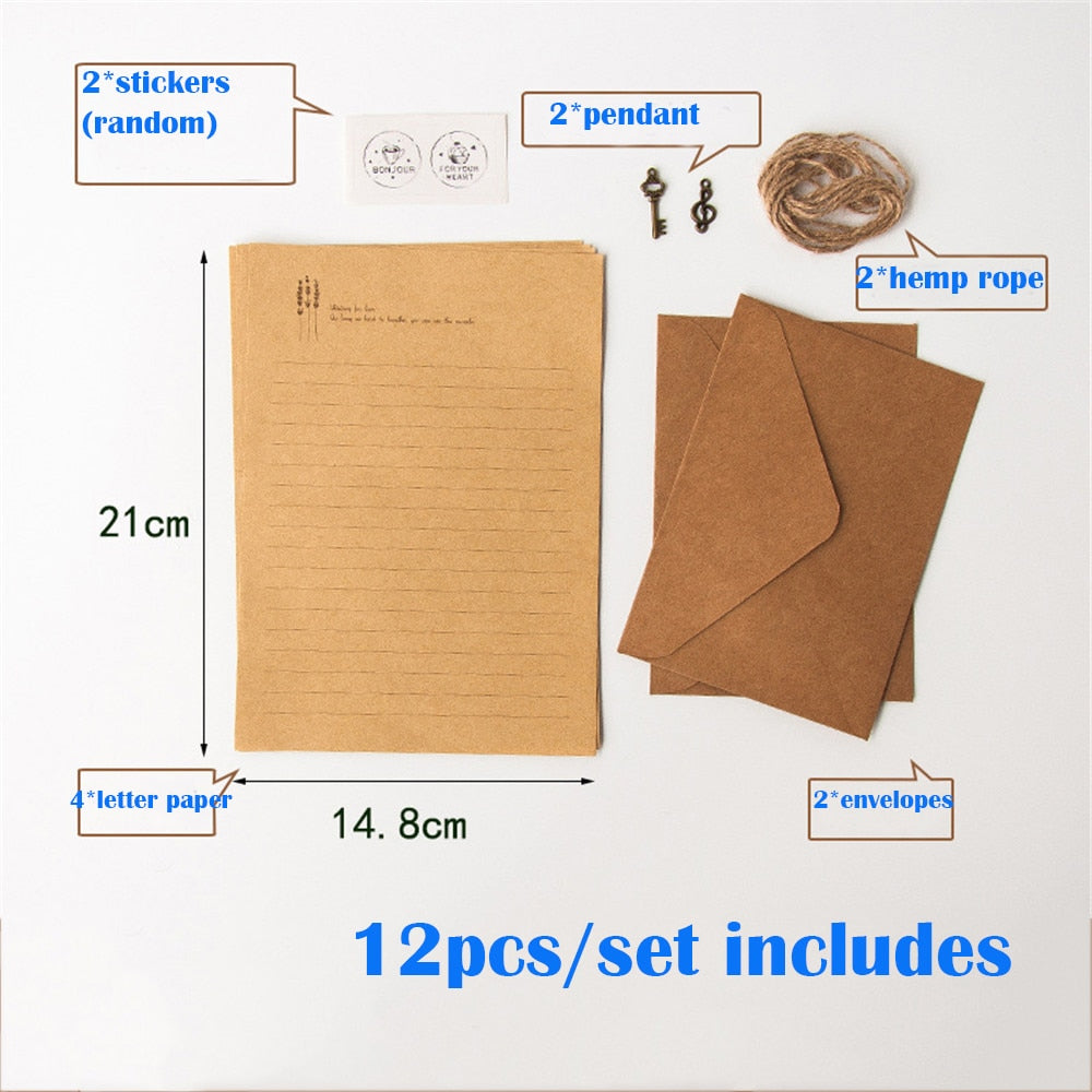 12Pcs Set Vintage Kraft Envelope Letter Pad Set with Pendant