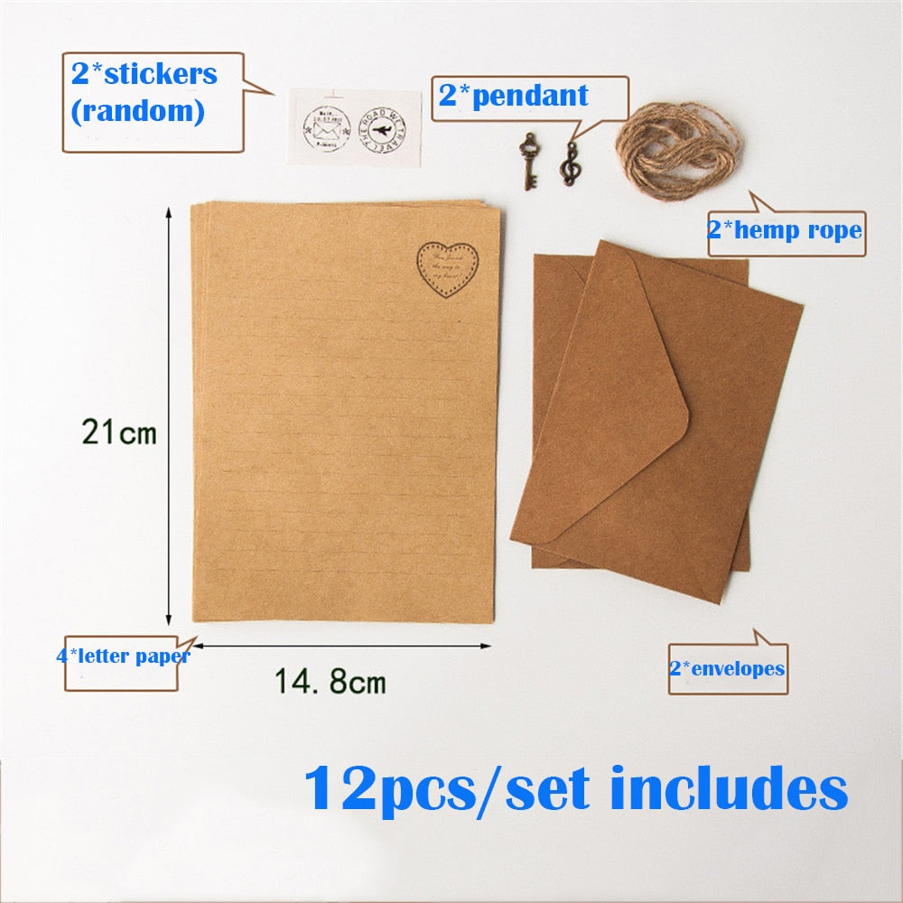 12Pcs Set Vintage Kraft Envelope Letter Pad Set with Pendant