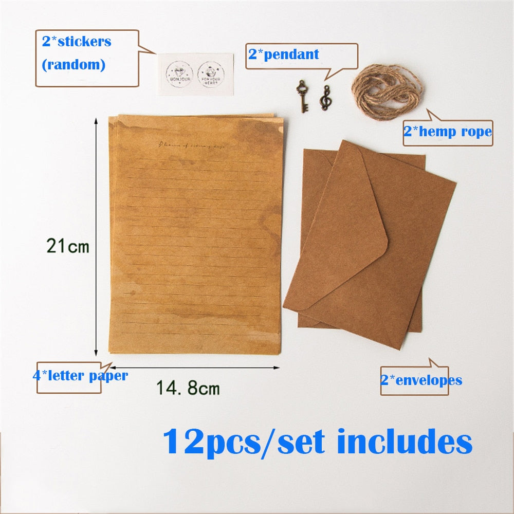 12Pcs Set Vintage Kraft Envelope Letter Pad Set with Pendant