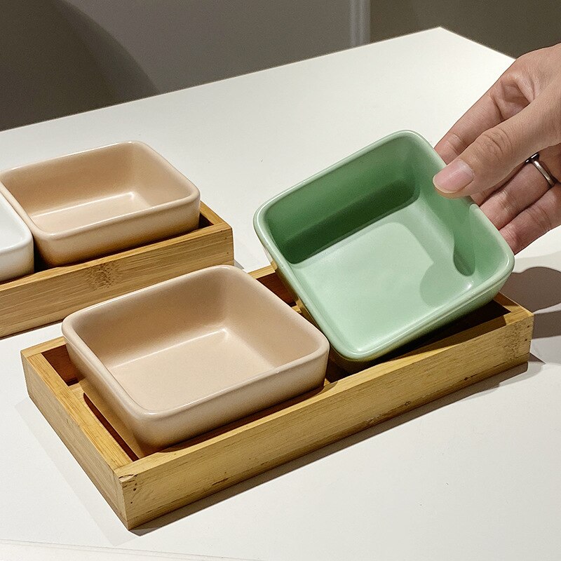 Ceramic Snack Plate with Bamboo Wood Tray