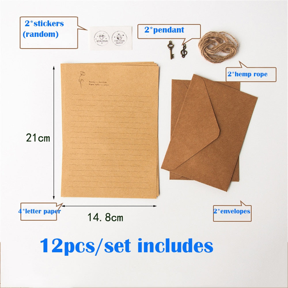 12Pcs Set Vintage Kraft Envelope Letter Pad Set with Pendant