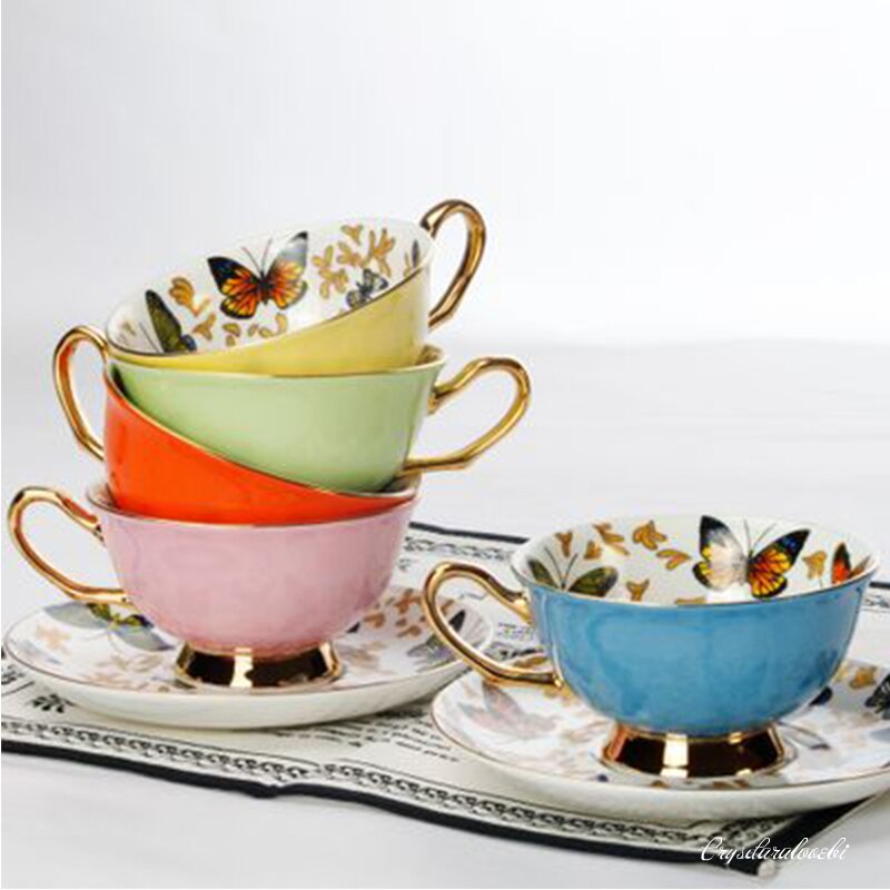 Porcelain Cups and Saucers with Butterflies or Floral Patterns