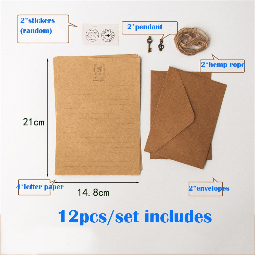 12Pcs Set Vintage Kraft Envelope Letter Pad Set with Pendant