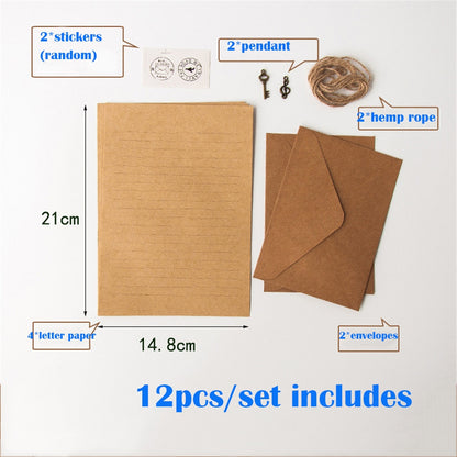 12Pcs Set Vintage Kraft Envelope Letter Pad Set with Pendant