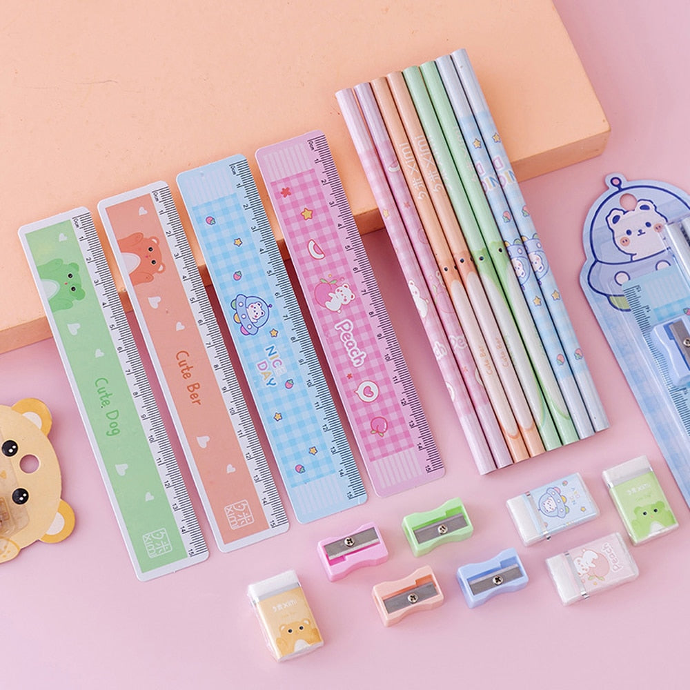 16 Pcs Set of Cute Bear Pencils with Eraser Ruler Sharpener