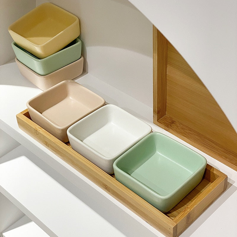 Ceramic Snack Plate with Bamboo Wood Tray