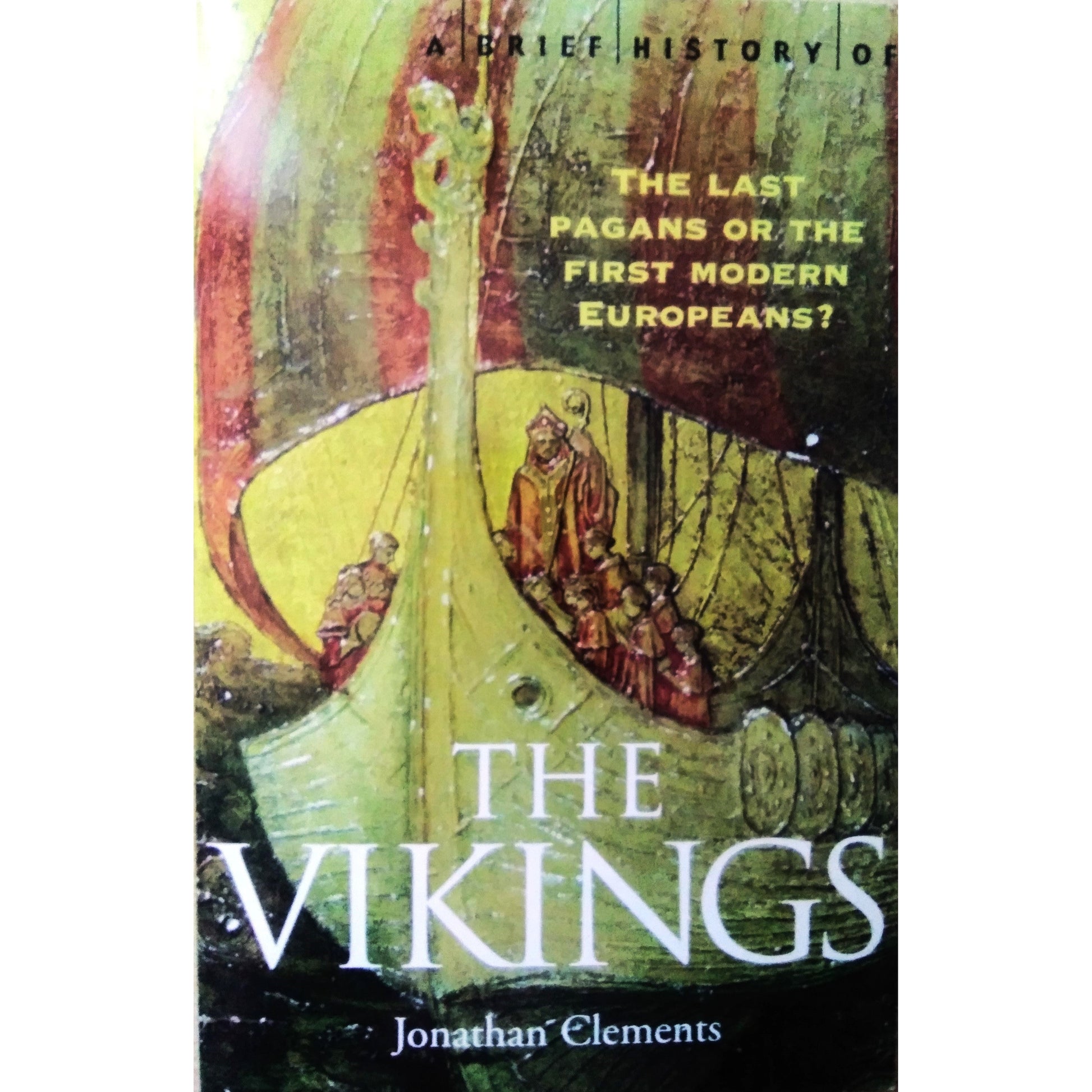 The Vikings book title.  Vikings in a viking boat with red and grey white striped sails.